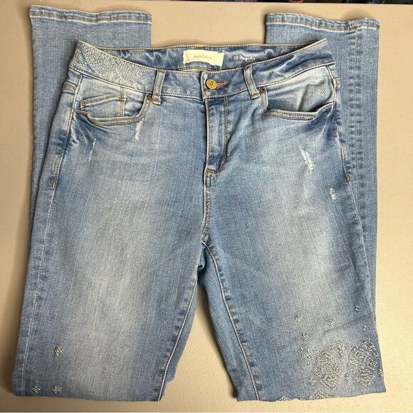 Sundance Denim Blue Jeans Distressed Knee White Embroidered Magnolia Womens - Picture 2 of 9